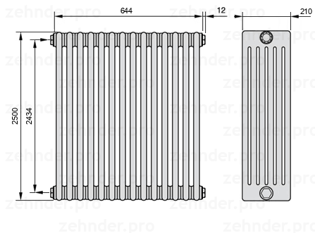Схема (чертеж) Радиатор Zehnder Charleston 6250/14 №1270 Белый глянцевый RAL 9016